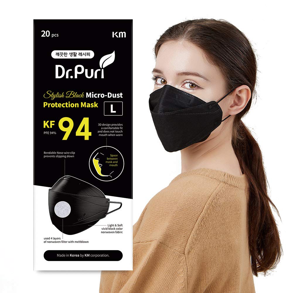 Dr.Puri [20 Pack New Micro-Dust Protection Face Premium Mask (KF94) Black Large