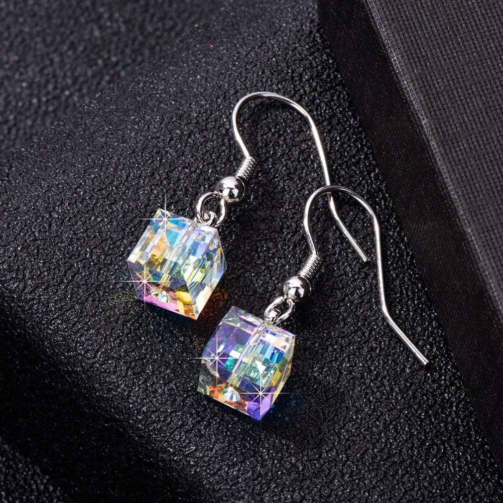 EVEVIC Austrian Crystal Cube Drop Earrings for Women, French Hook