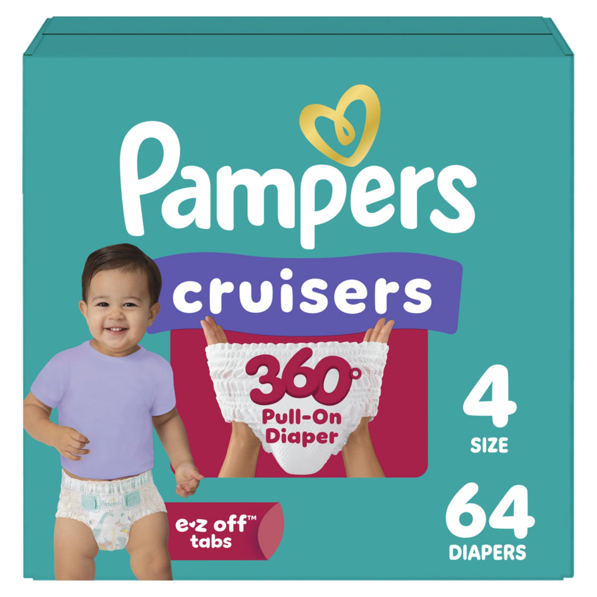 Pampers Diapers - Cruisers 360 - Size 4, 64 Count, up to 100% Leakproof Pull-On Diaper for Active Babies