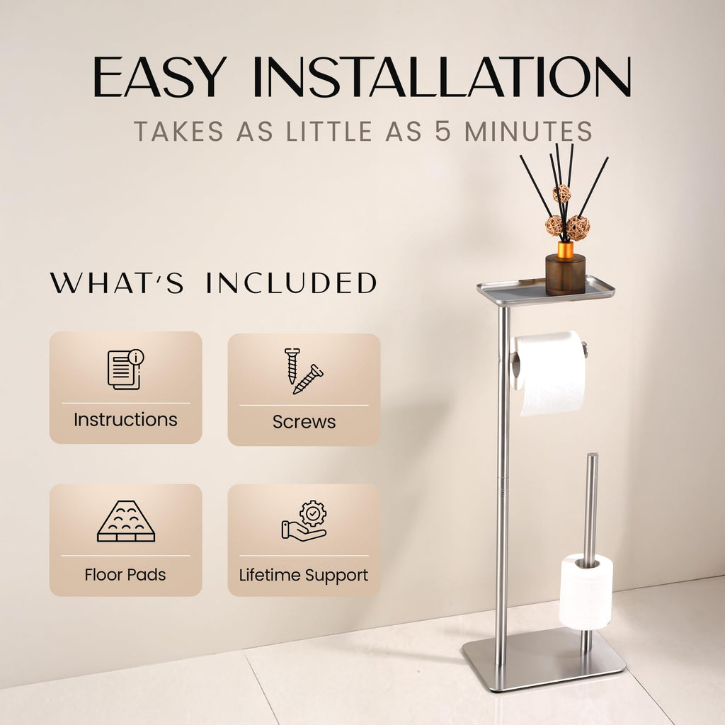 Day Moon™ - Toilet Paper Holder - Modern Roll Holder for Bathroom - 1 Pack - Free Standing - with Shelf, Brushed Nickel