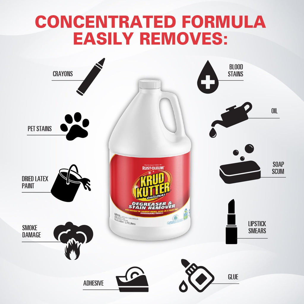 Krud Kutter Original Concentrated Cleaner Degreaser, 1 Gallon, Heavy Duty Multi Surface Cleaner for Grease, Oil and Tough Stains, Dilutable for Kitchen, Garage, Floors and Outdoor Use