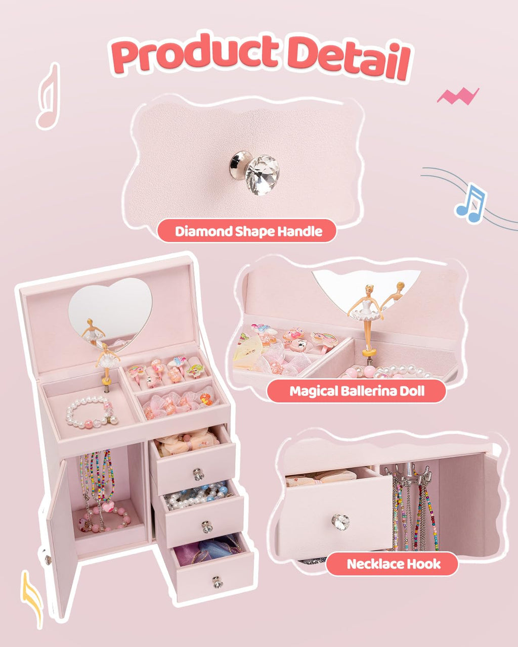 VLANDO 4 Layer Musical Jewelry Box, 3 Drawers Storage and Necklace Hook