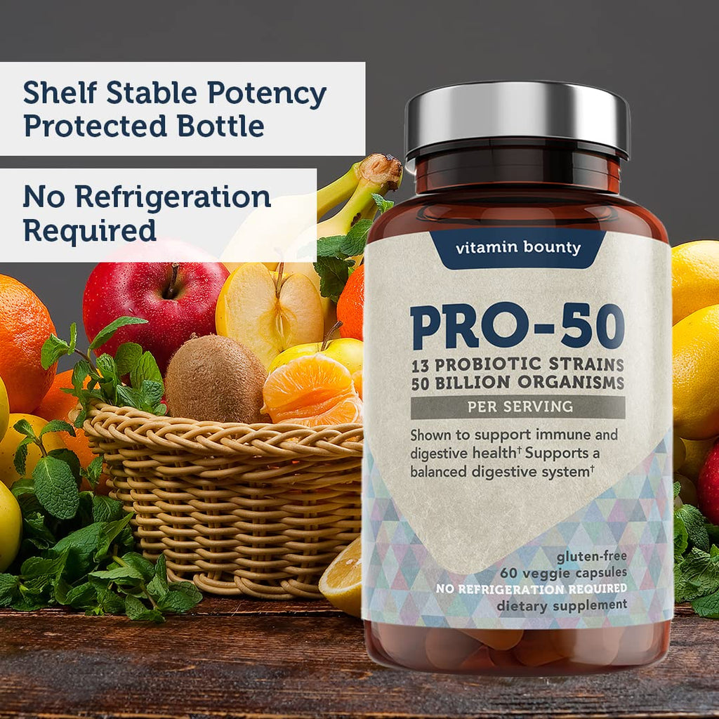 Vitamin Bounty Pro-50 Probiotic 50 Billion CFU - 13 Strain Supplement for Men & Women + Prebiotics - Digestive Health & Gut Support - Lactobacillus & Bifidobacterium - Delayed Release Capsules, 2 Pack
