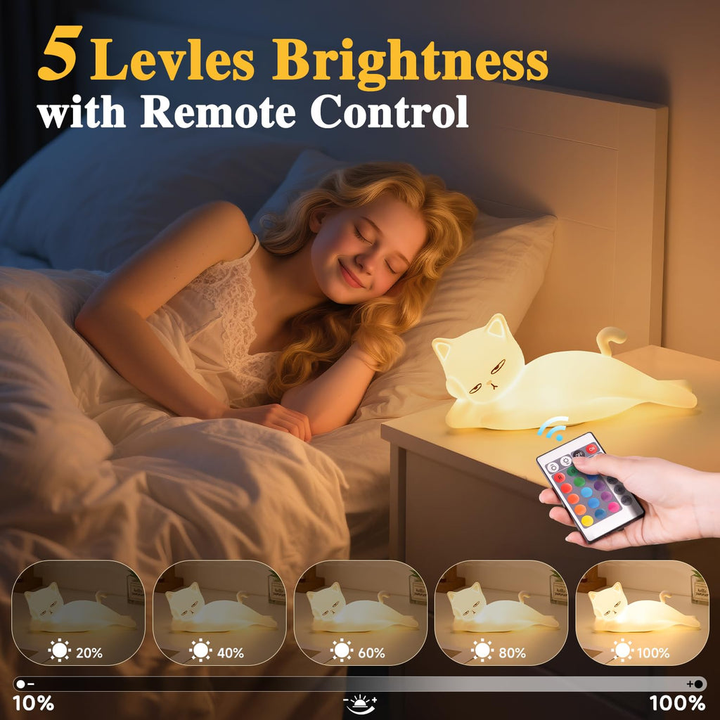 Lying Cat Lamp Funny Gifts, 16 Colors+5 Dimming+Silicone Random Stuff, Touch+Remote+Recharge Night Light, Unique Cool Lamp,Cute Weird Stuff, Squishy Cat White Elephant Gifts for Women/Men/Teens/Kids