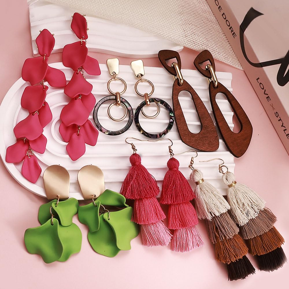 12 Pairs Acrylic Rose Petal Earrings Boho Rattan Earrings Tassel Dangle Earrings for Women Jewelry Set﻿ (Style2)