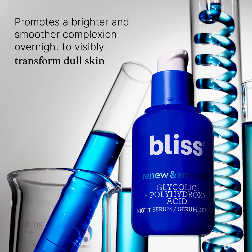 Bliss Glycolic + Polyhydroxy Acid Renew & Smooth - Night Serum - Gently Exfoliate Skin - Hydrating Squalane - Vegan & Cruelty-Free - 1 Fl Oz