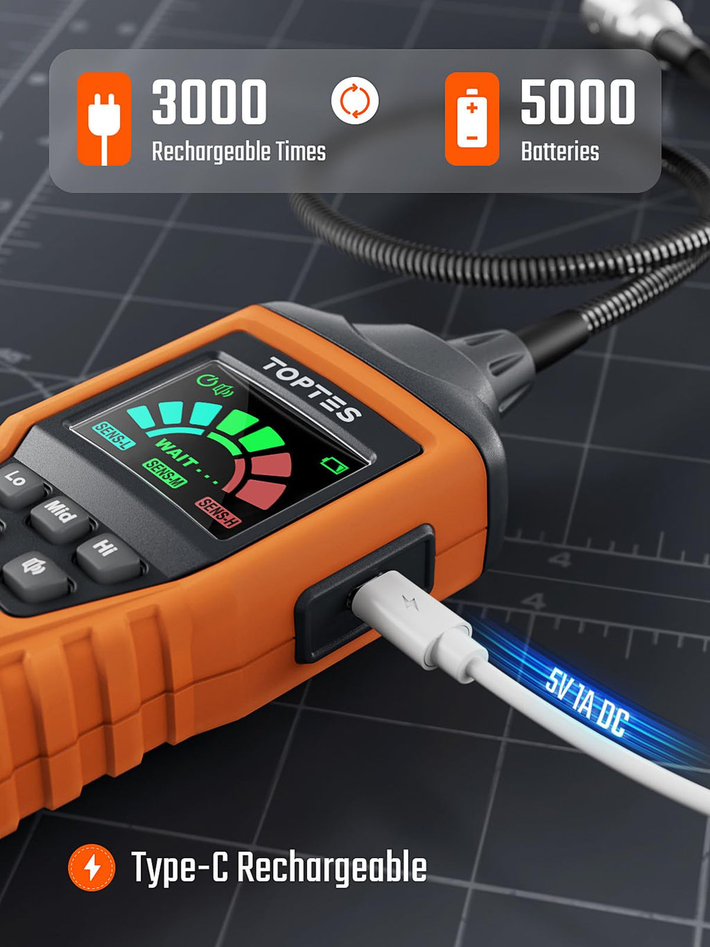 PT520A+ Rechargeable Gas Leak Detector, Natural Gas Detector with 17-inch Probe, Checking Combustible Leaks Like Propane, Methane, Butane for Home, HVAC and RV - Orange