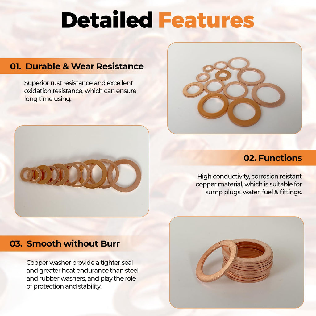 325 PCS Crush Copper Washers Assortment Kit; 10 Size Flat Sealing Copper Washers (M5-M14) for Electronic, Automotive, Motorcycles, Marine and Mechanical Use