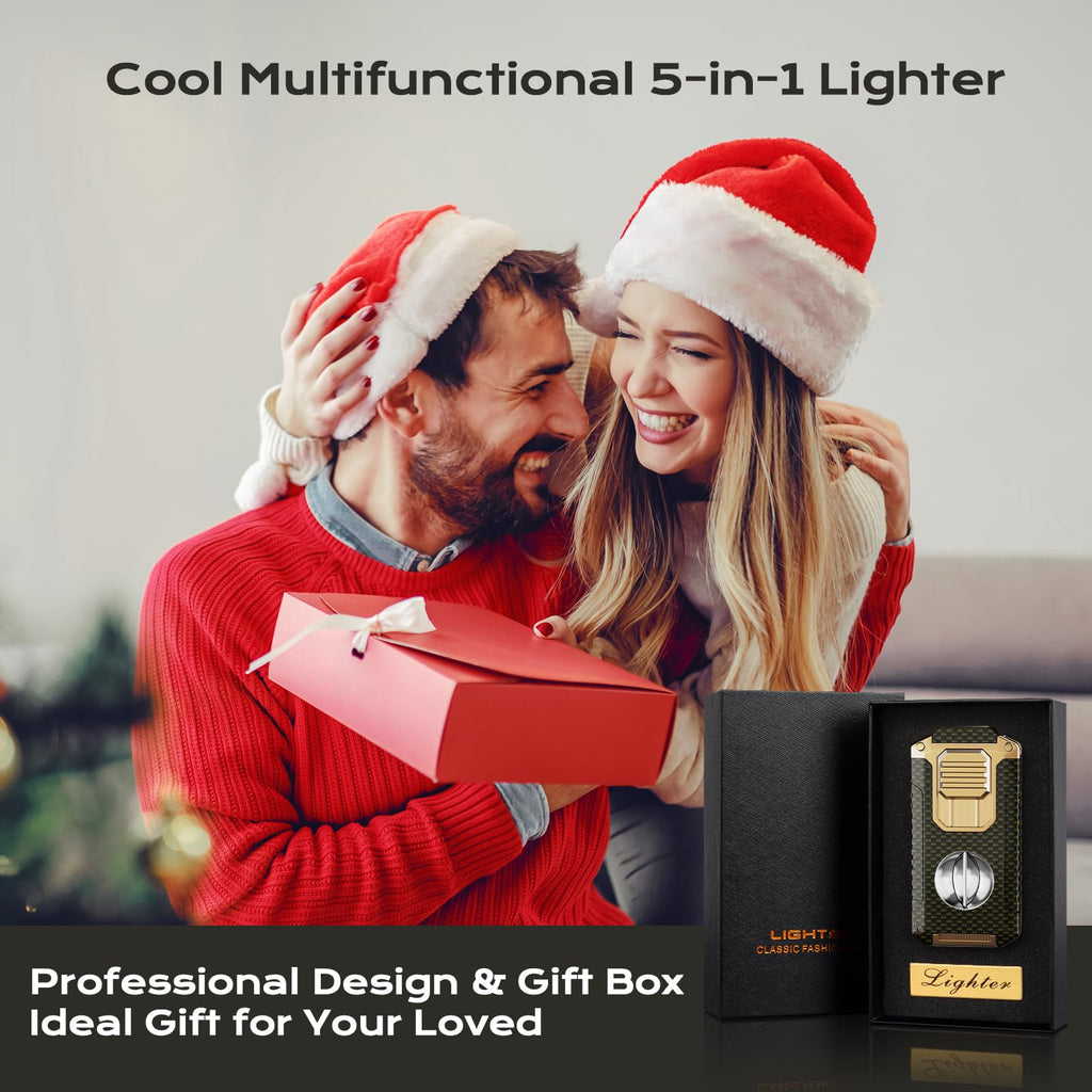 5-in-1 Torch Lighter with Cutter, Punch, Holder, Draw Enhancer, and Triple Windproof Jet Flames, Refillable Butane Lighters with Gift Box, Multi-Function Lighter Accessories, Cool Lighters for Men