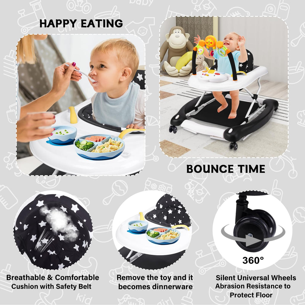 RefoereBabe Baby Walker with Wheels, 5 in 1 Baby Walkers for Boys Girls 6-12 Months, Foldable Walker Baby with Bouncer & Feeding Tray, Music, Adjustable Heights