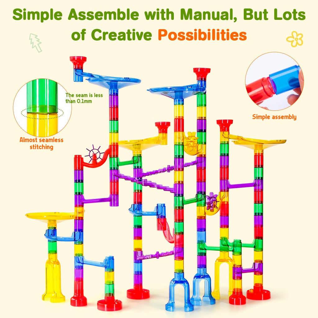 Meland Marble Run - 132Pcs Marble Maze Game Building Toy for Kid, Marble Track Race Set & STEM Learning Toys for Boy Girl Age 3 4 5 6 7 8 9+ (102 Translucent Marbulous Pcs & 30 Glass Marbles)