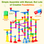 Meland Marble Run - 132Pcs Marble Maze Game Building Toy for Kid, Marble Track Race Set & STEM Learning Toys for Boy Girl Age 3 4 5 6 7 8 9+ (102 Translucent Marbulous Pcs & 30 Glass Marbles)