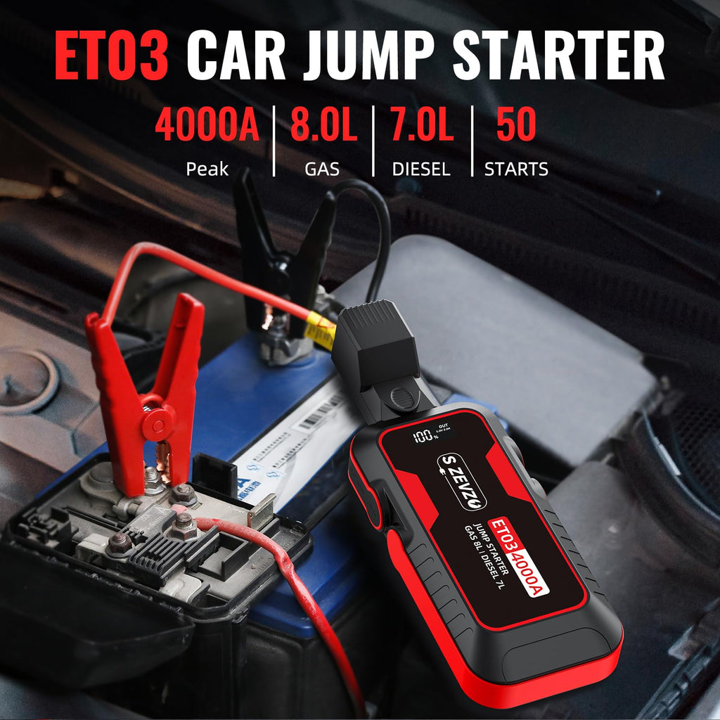 S ZEVZO ET03 Car Jump Starter 4000A Jump Starter Battery Pack for Up to 8.0L Gas and 7.0L Diesel Engines, 74Wh Portable 12V Jump Box with USB Ports, LCD Display, Storage Case, and LED Light