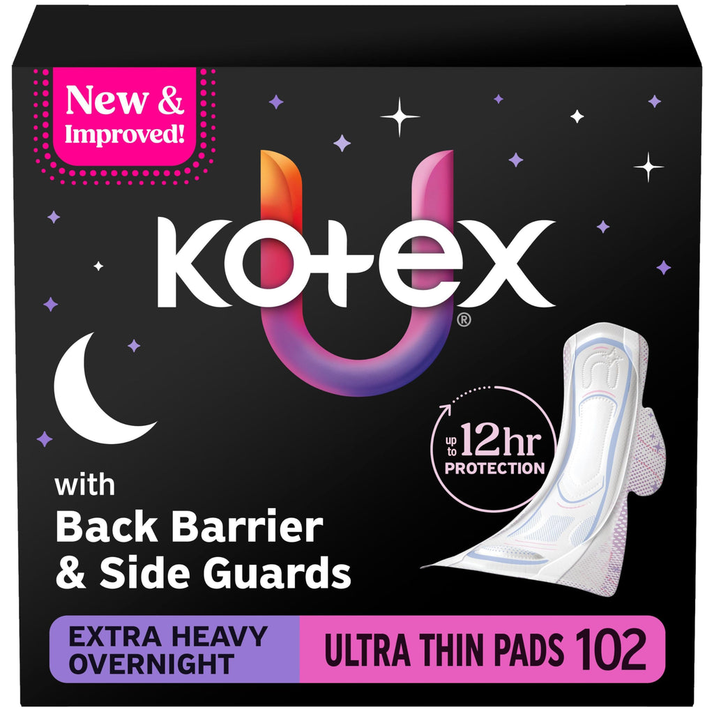 Kotex Ultra Thin Overnight Pads with Wings, Extra Heavy Absorbency, 102 Count (3 Packs of 34) (Packaging May Vary)