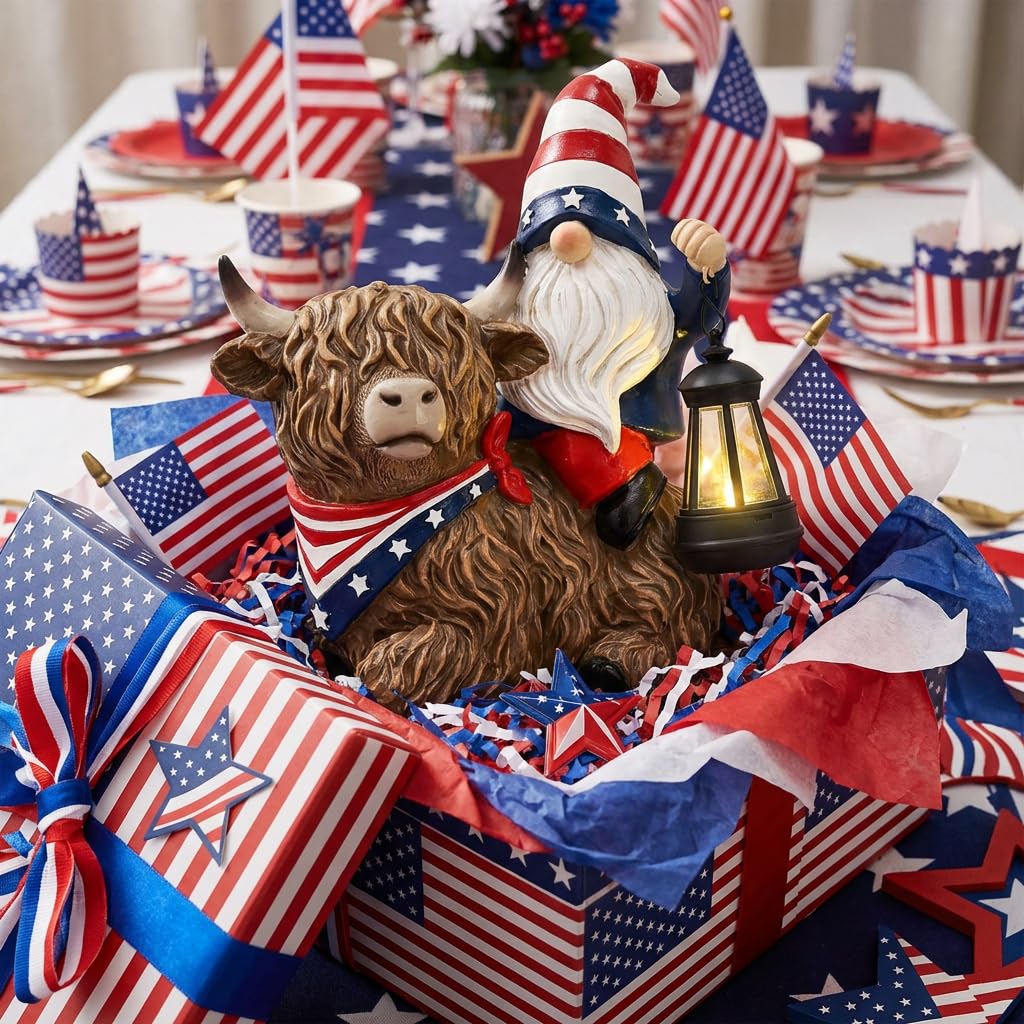 TERESA'S COLLECTIONS 4th of July Highland Cow Gnome Decorations with Solar Lantern, Memorial Day Resin Garden Yak Figurine for Home, Patriotic Independence Day USA 250th Anniversary Outdoor Decor 10"