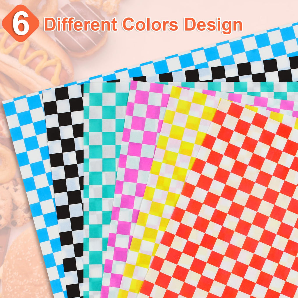 Ninsula Deli Paper Sheets 126P, 11.5x11.5 In Checkered Sandwich Paper Wraps, 6 Colors Basket Liners For Food Serving, Grease Resistant Burger Wrappers for BBQ, Picnic, Party(Colorful)