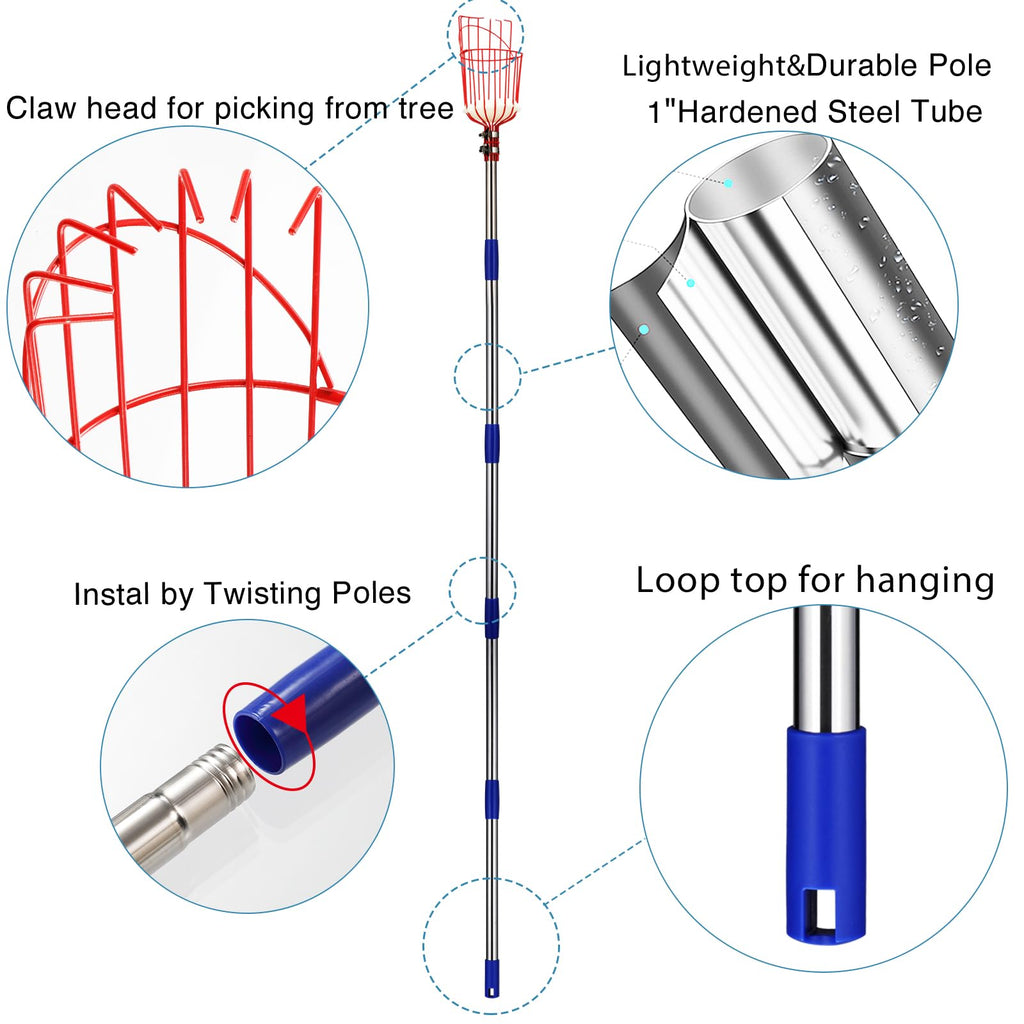 DonSail Pomelo Fruit Picker Pole Tool with Basket Telescoping Long Handle, 35-95 Inch Adjustable Orange Apple Picker Pole Tool with Basket for Avocado Acorn Lemon Pear Mango Tree Picker