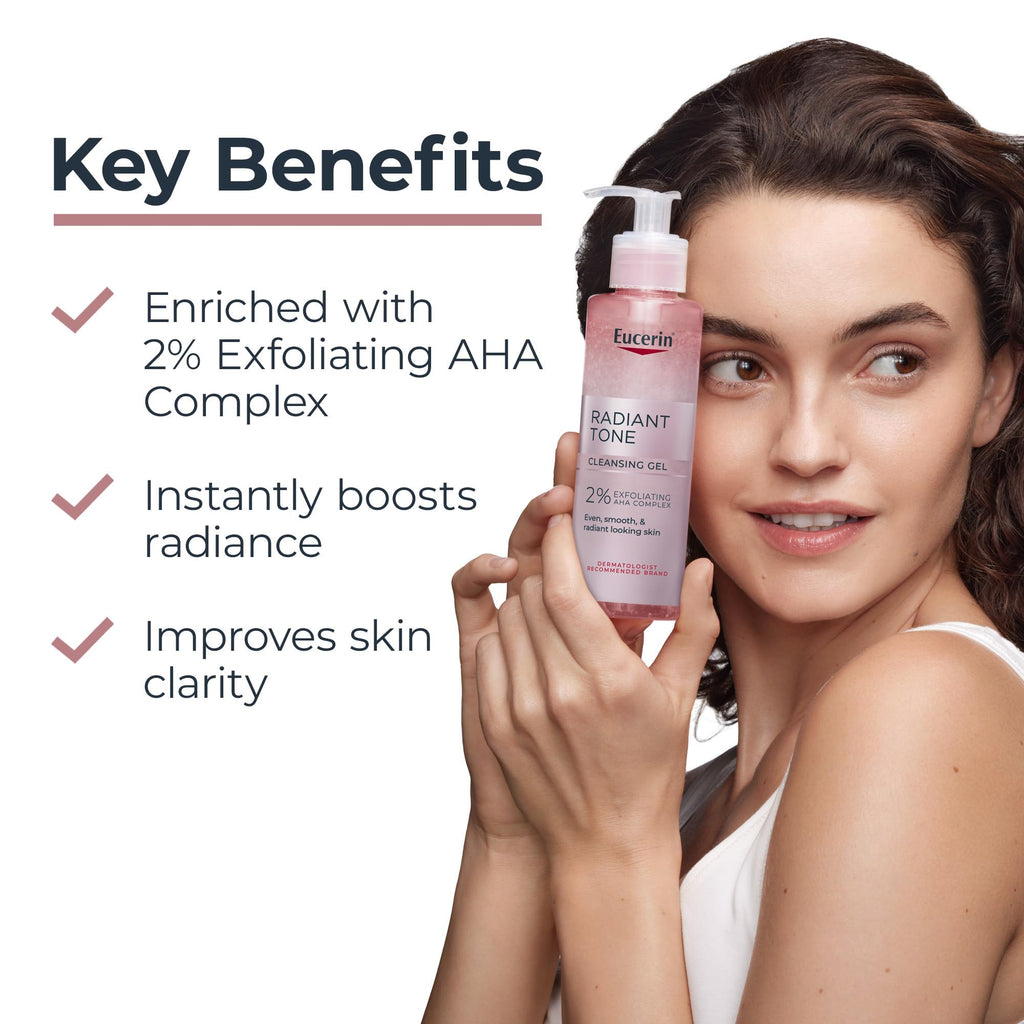 Eucerin Radiant Tone Face Cleanser Gel with 2% Exfoliating AHA Complex, Gentle Face Wash Improves Skin Clarity and Boosts Radiance, All Skin Types, 6.8 Fl Oz Bottle