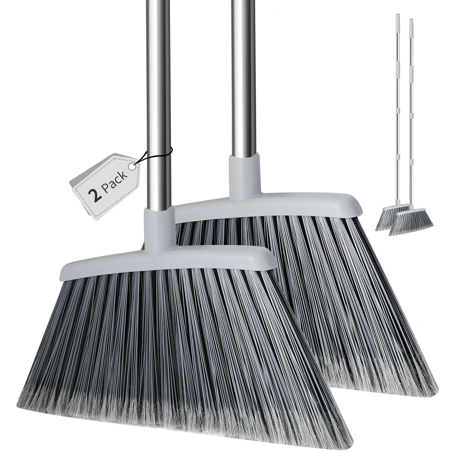 Broom, Outdoor Brooms for Sweeping Indoor, Adjustable 55" Pet Hair Removal Hevy Duty Broom for Floors Home Kitchen Garage Commercial Patio Industrial Snow (Pack of 2)