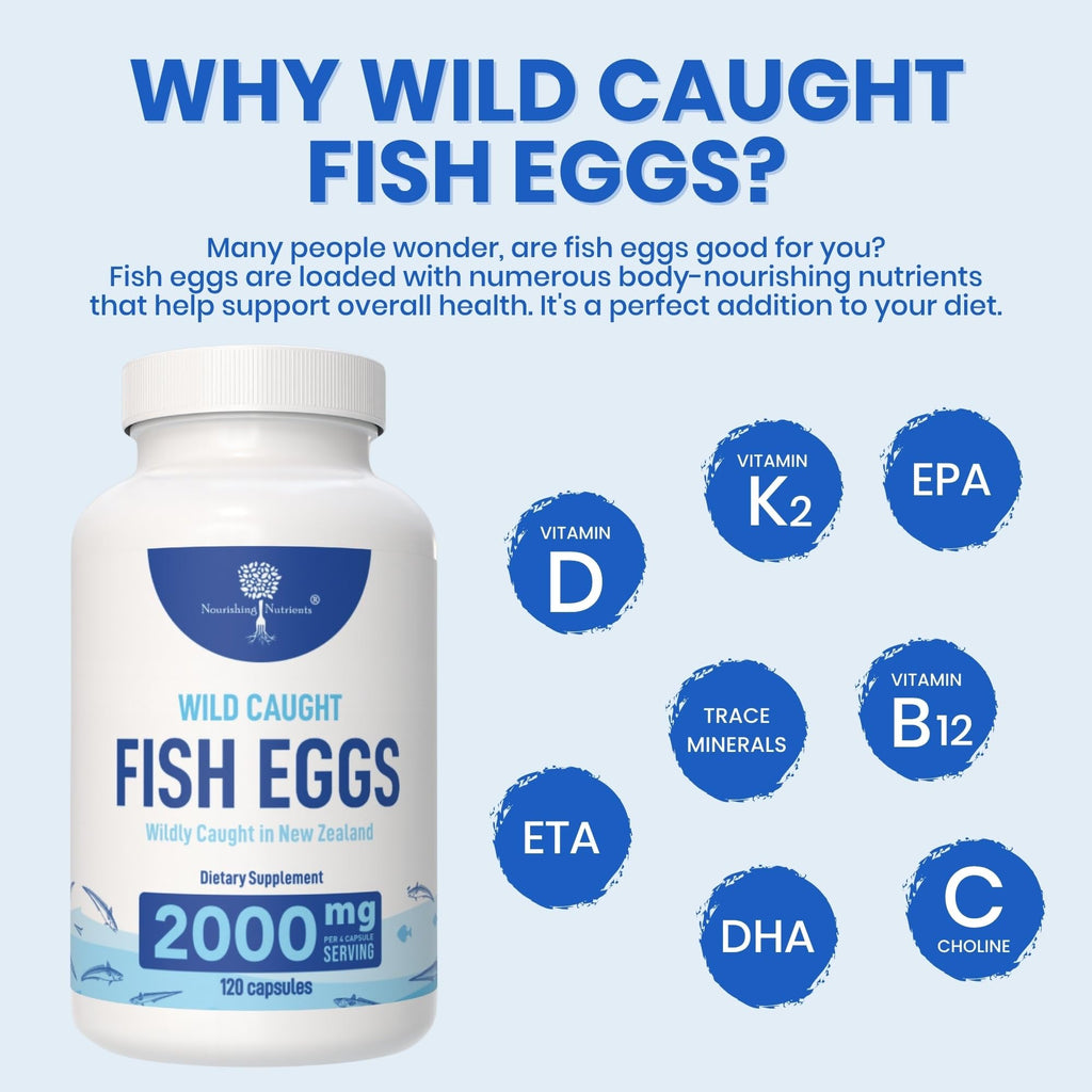 Wild Caught Fish Eggs 2,000mg - Omega 3 Supplement for Eye, Brain Health, Supports Immunity, Bones and Teeth, Mood Support with Omega 3-6-9 Fish Egg Capsules