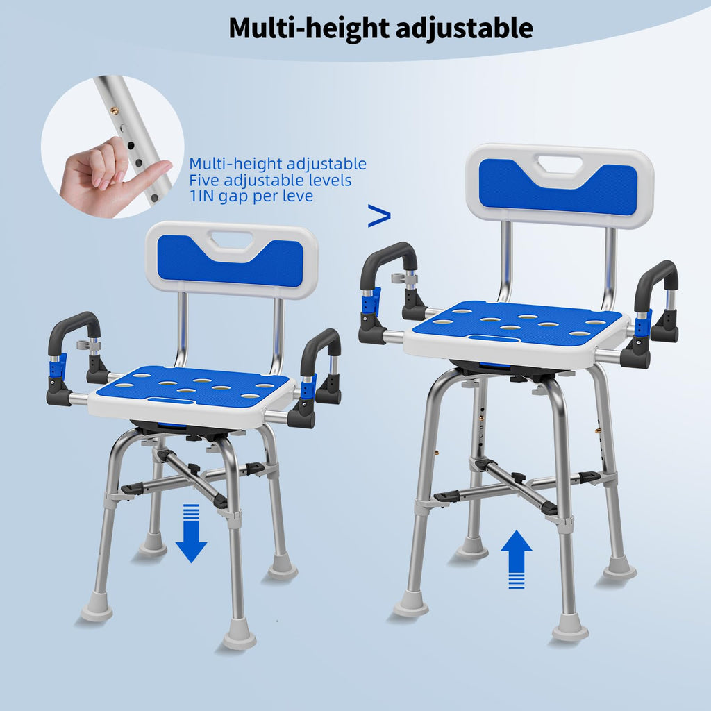 Swive Shower Chair with Arms and Back Heavy Duty 500 lbs for Seniors Elderly Disabled or Bariatric Adults Bench Seat for Inside Shower Stall and Bathroom Bath Tub Seats Adjustable Stool