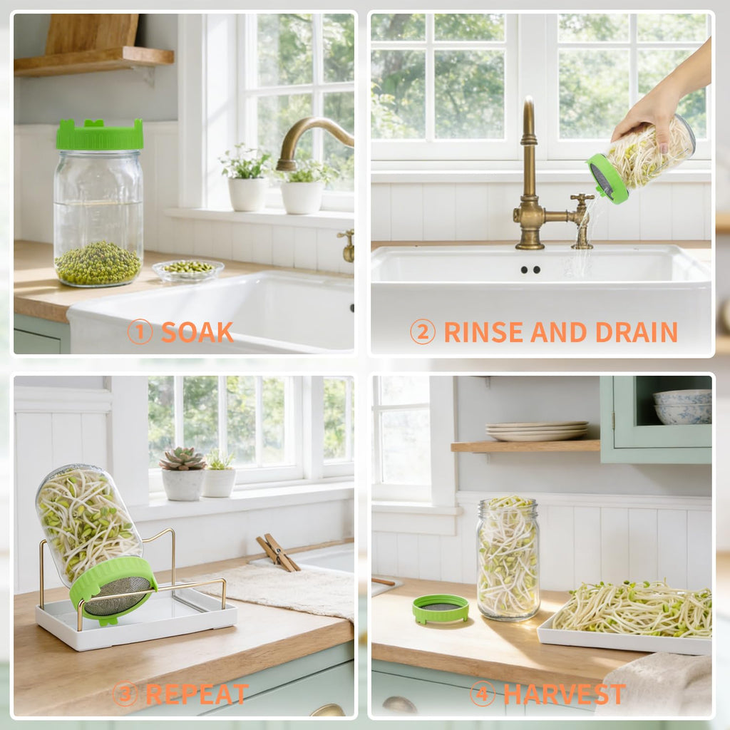 Seed Sprouting Jar Kit with Mung Beans 2.9oz, 2 Wide Mouth Mason Jars with Sprouting Lids, Drain Tray Blackout Sleeves, Sprouts Growing Kit for Growing Bean, Broccoli, Alfalfa, Radish Sprout Seeds