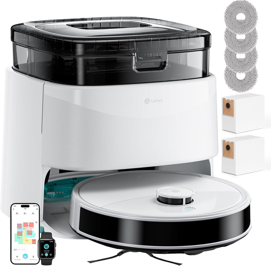 Lefant Robot Vacuum and Mop, 12000Pa Suction, 90-Day Self-Emptying, Obstacle Avoidance, Auto Mop Washing&Drying, All-in-One for Pet Hair Carpet, 5G WiFi Alexa/APP/iWatch Control, M3