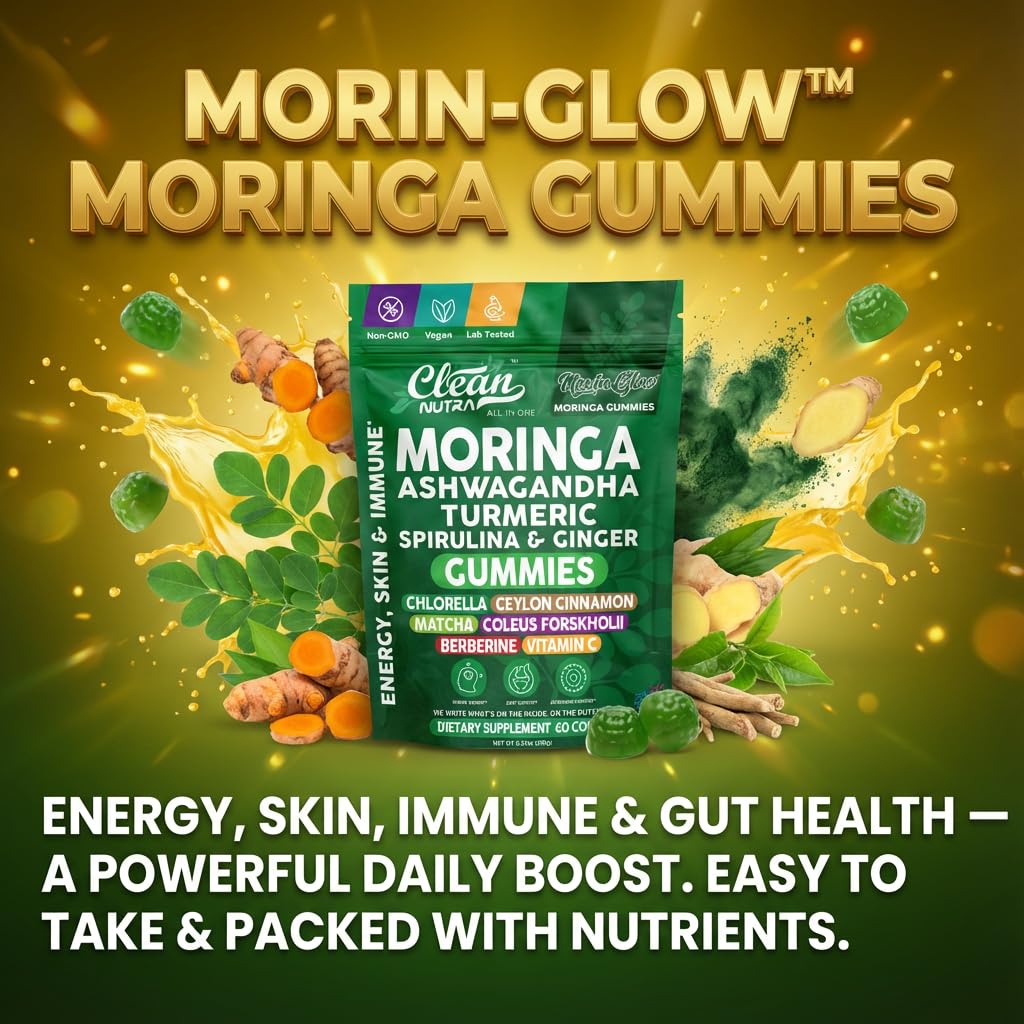 Clean Nutra Moringa Gummies | Pure Moringa Powder Supplement + Ashwagandha Turmeric Spirulina & Ginger Energy, Skin, Immune & Gut Health Green Superfood - Moringa Capsules Alternative