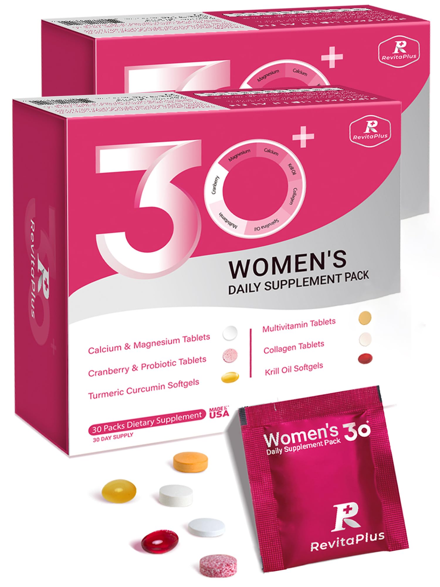 RevitaPlus Multivitamin for Women with Vitamin A,B,C,D3,E,K2,Biotin, Collagen,Krill Oil,Cranberries Supports Energy,Wellness,Beauty and Immune - Vitamin Packs for Women Health 2 PCS-60 Packs