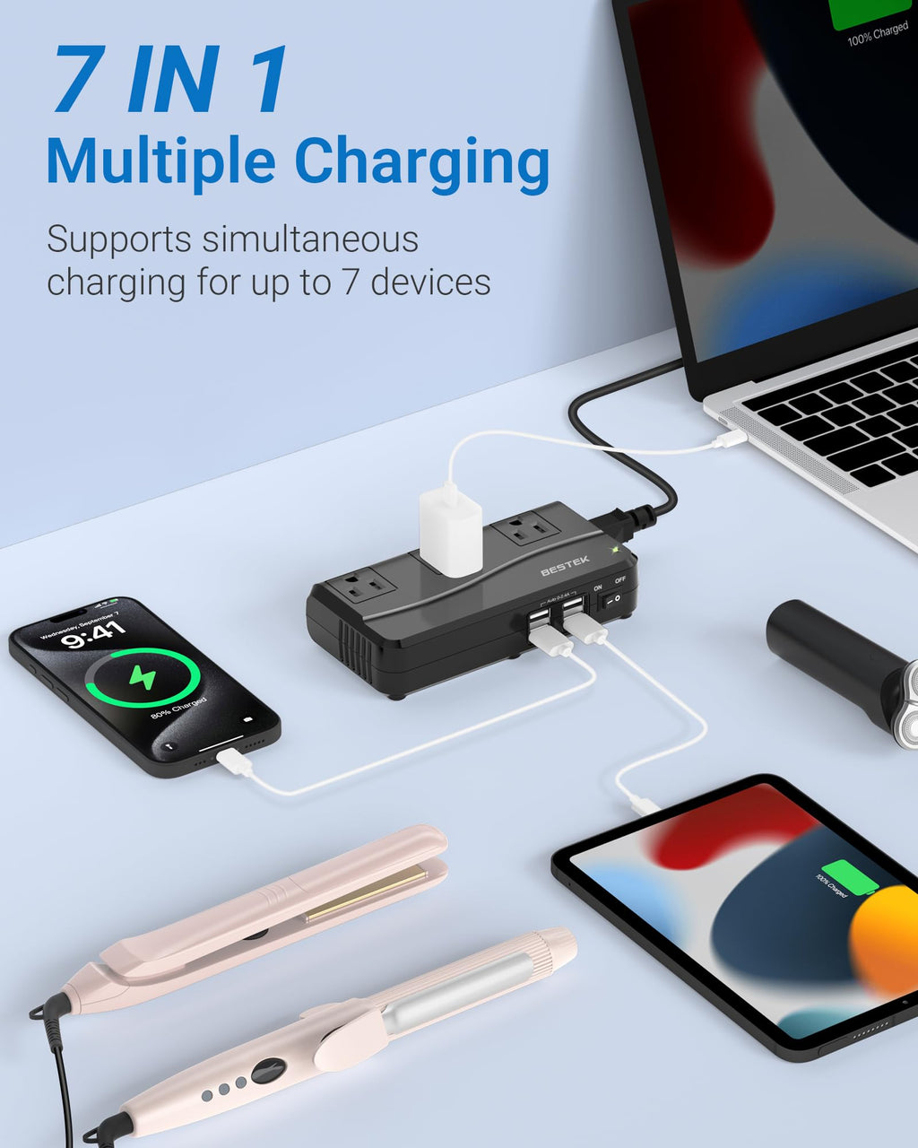 BESTEK Universal Travel Adapter 100-220V to 110V Voltage Converter 250W with 6A 4-Port USB Charging 3 AC Sockets and EU/UK/AU/US/India Worldwide Plug Adapter (Black)