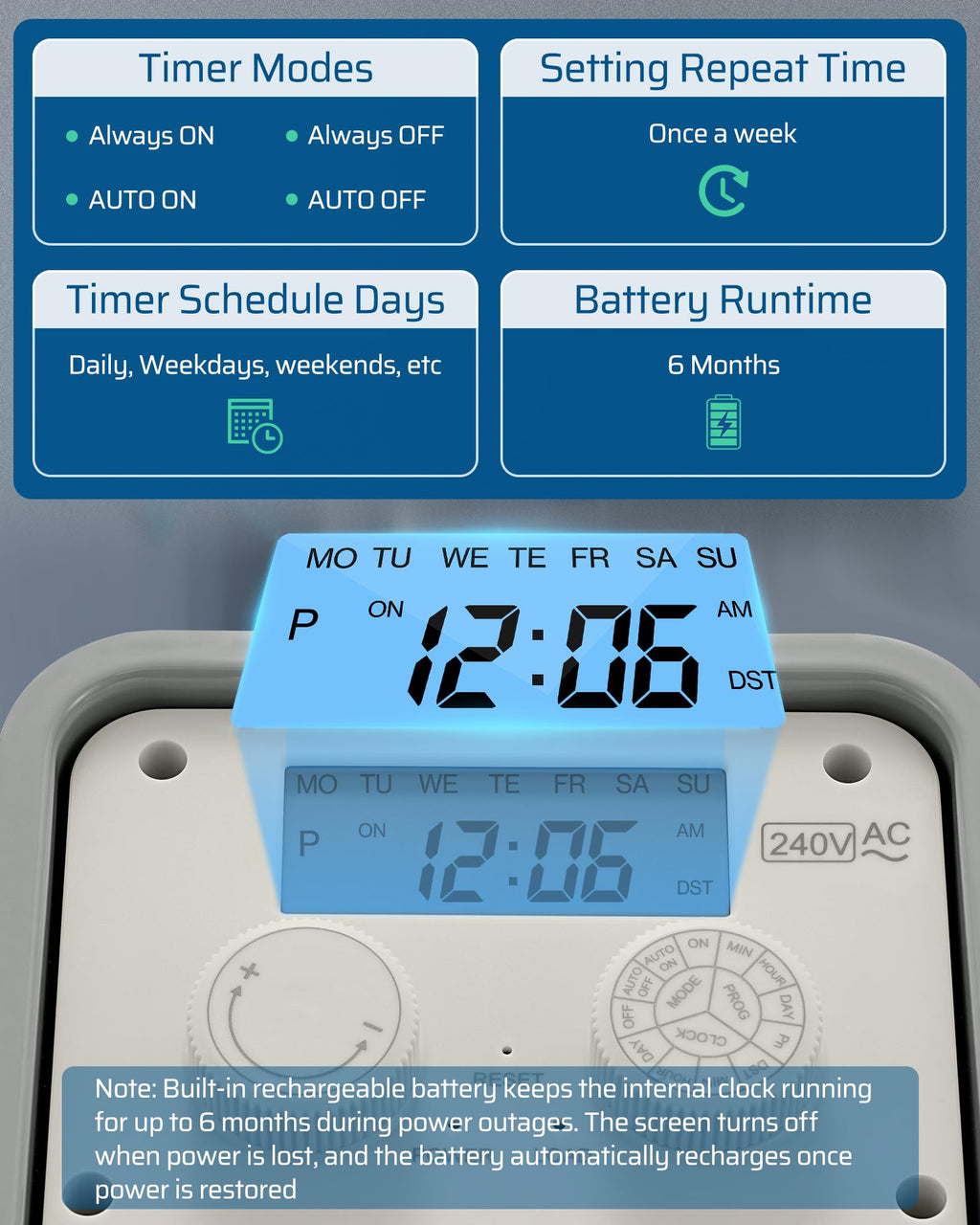 Digital Pool Filter Timer DEWENWILS Outdoor Digital Pool Pump Timer, 3HP 40A 240VAC, 7-Day 12 ON ...