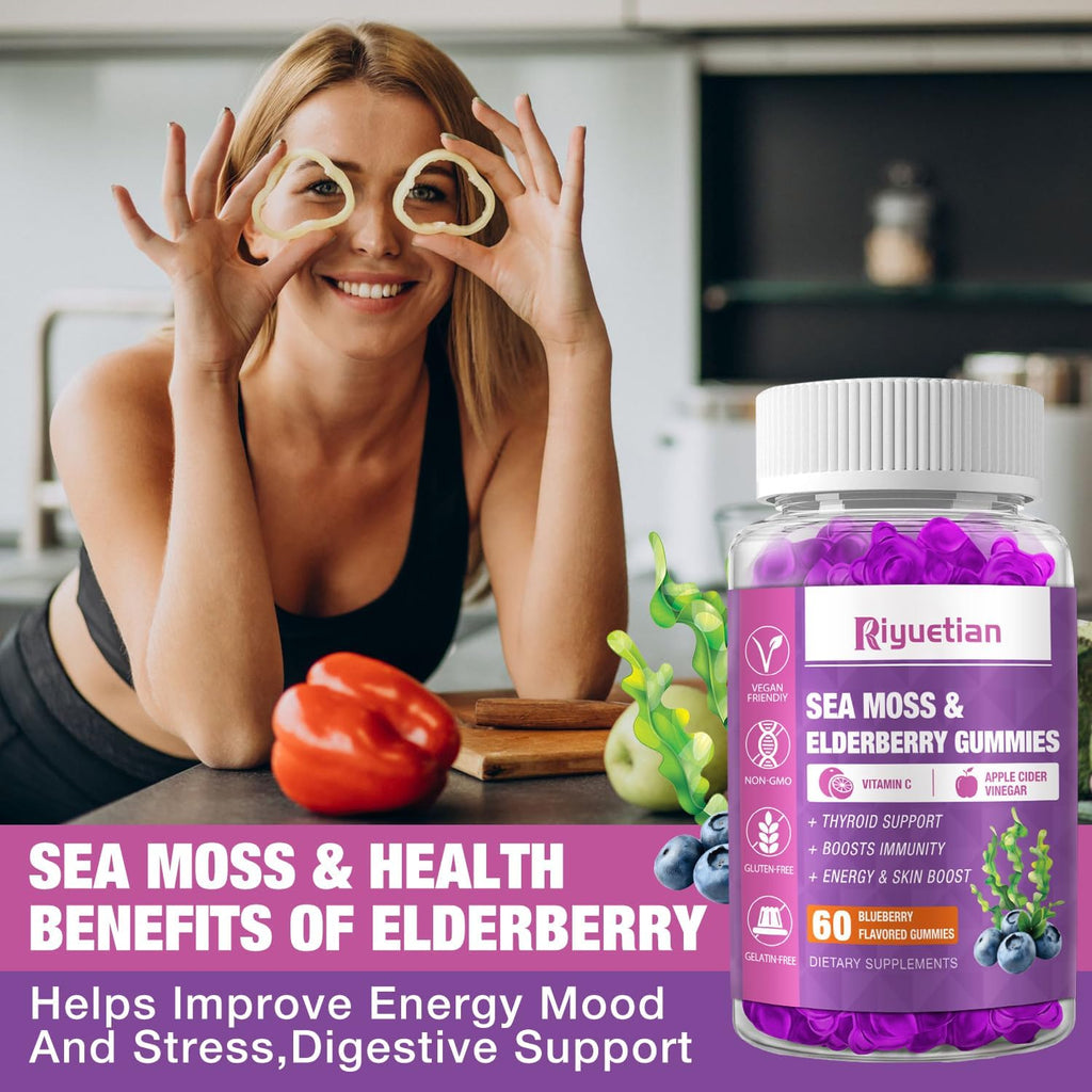 Riyuetian Sea Moss & Elderberry Gummies, Blueberry Flavored Gummy, Vitamins Sea Moss Supplements with Vitamin C + Zinc and Apple Cider Vinegar, Good Texture, Vegan-Friendly, 120 Count(Pack of 2)