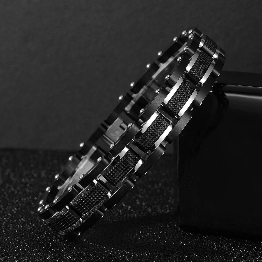 Zillaly Men's Stainless Steel Two-Tone Square Link diamond Bracelet in Black & Blue Ion-Plated Black (Silver)