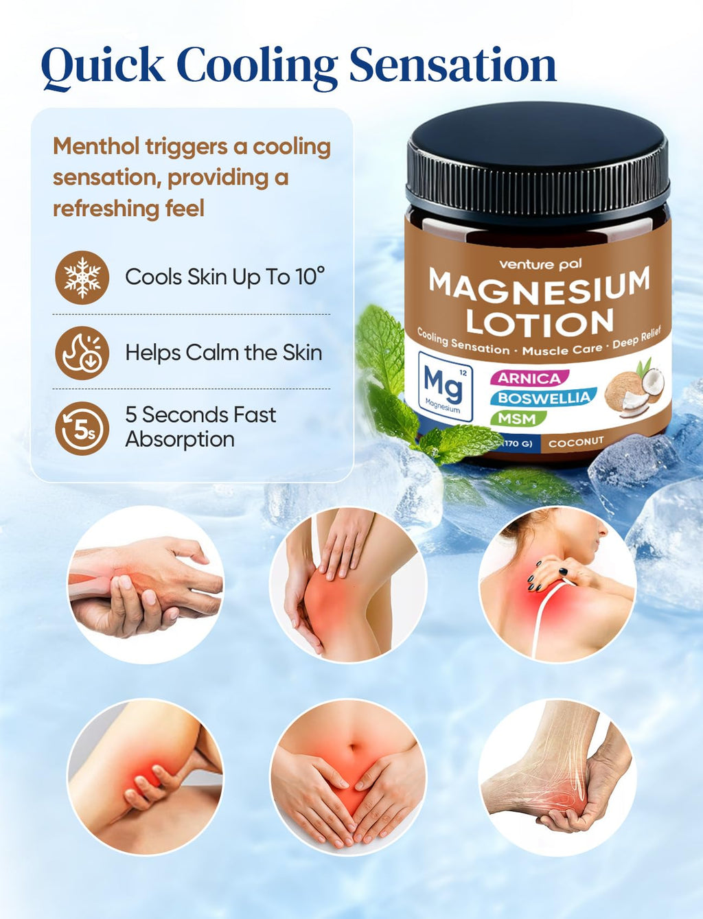 Magnesium Lotion with Arnica, MSM & Boswellia – Cooling Comfort & Relaxation, Magnesium Cream for Muscles & Joints – Ideal for Legs or Feet - Safe for Kids – 6 fl oz