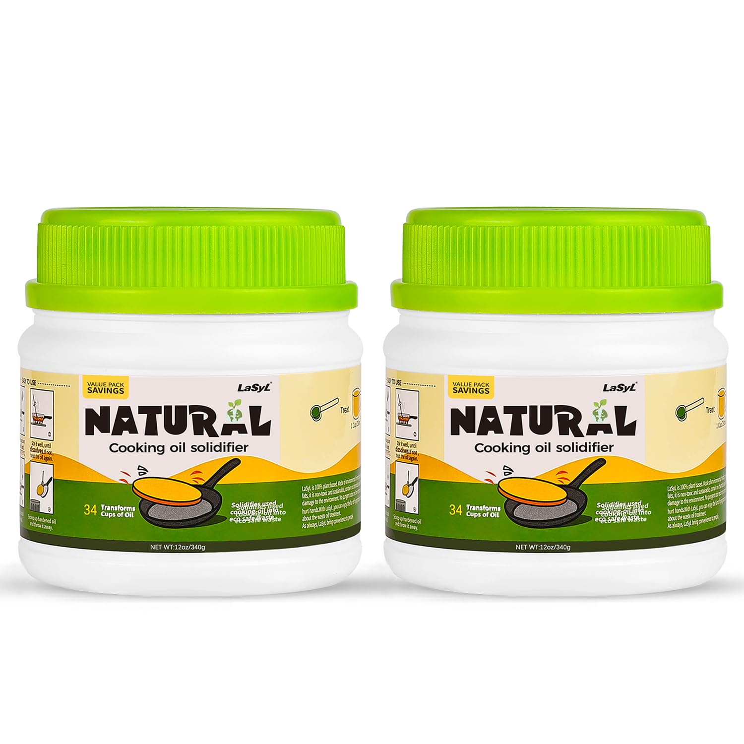 LaSyL Natural Cooking Oil Solidifier Powder, Harden Up to 2.25 Gallon of Fry Oil Away from Mess, 100% Plant-Based Oil Hardener for Disposal, Value Pack 12 Oz （2 Pack）