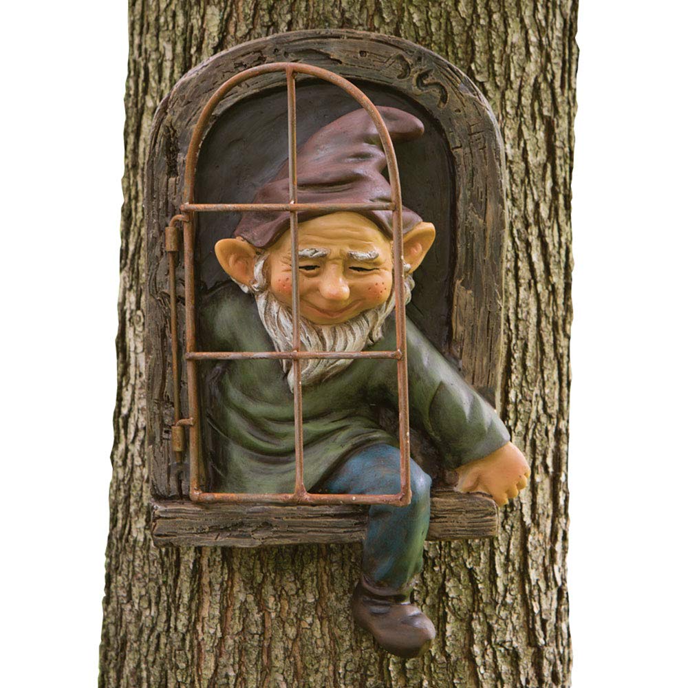 Bits and Pieces Elf Out the Window Yard Decorations Outdoor Tree Faces, 12 Inch Tree Hugger Whimsical Yard Decor, Elf, Fairy, Gnome Garden Decorations, Fun Garden Art