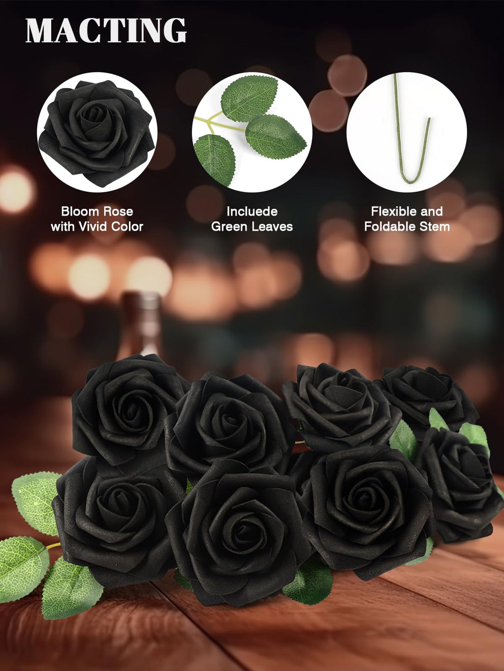 30PCS Black Artificial Flowers, Fake Roses for Halloween Decorations