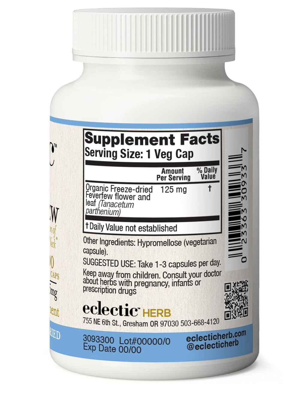 Eclectic Herb - Feverfew Capsules | Support for Head & Neck Tension | Herbal Supplement | US-Grown, Vegan, Non-GMO, Gluten Free (90 CT | 125 mg)