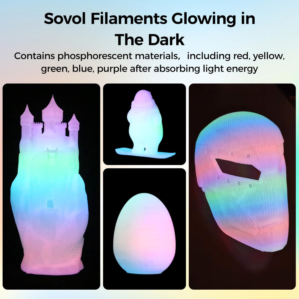 Sovol 3D Printer Glow in The Dark Filament Gradient Multicolor Fast Change PLA 1kg (2.2 lbs) Spool 3D Printing Materials, Dimensional Accuracy +/- 0.03 mm, 1.75 mm, Glow Multicolored