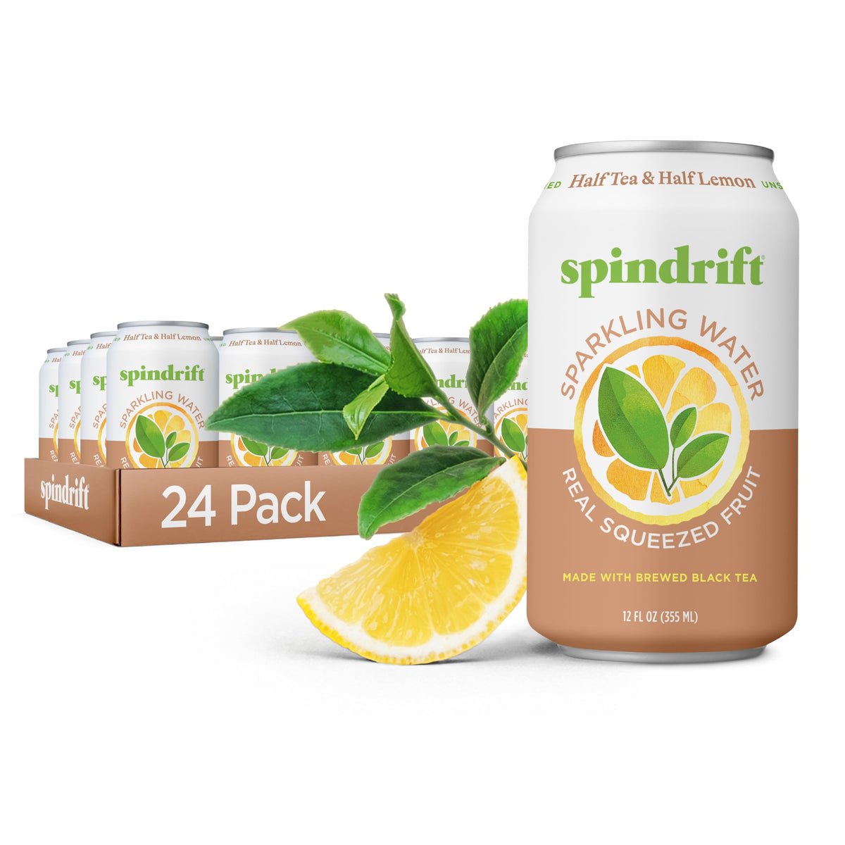 Spindrift Sparkling Water, Half Tea & Half Lemon Flavored, Made with Real Squeezed Fruit, 12 Fl Oz Cans, Pack of 24 (Only 5 Calories per Can)