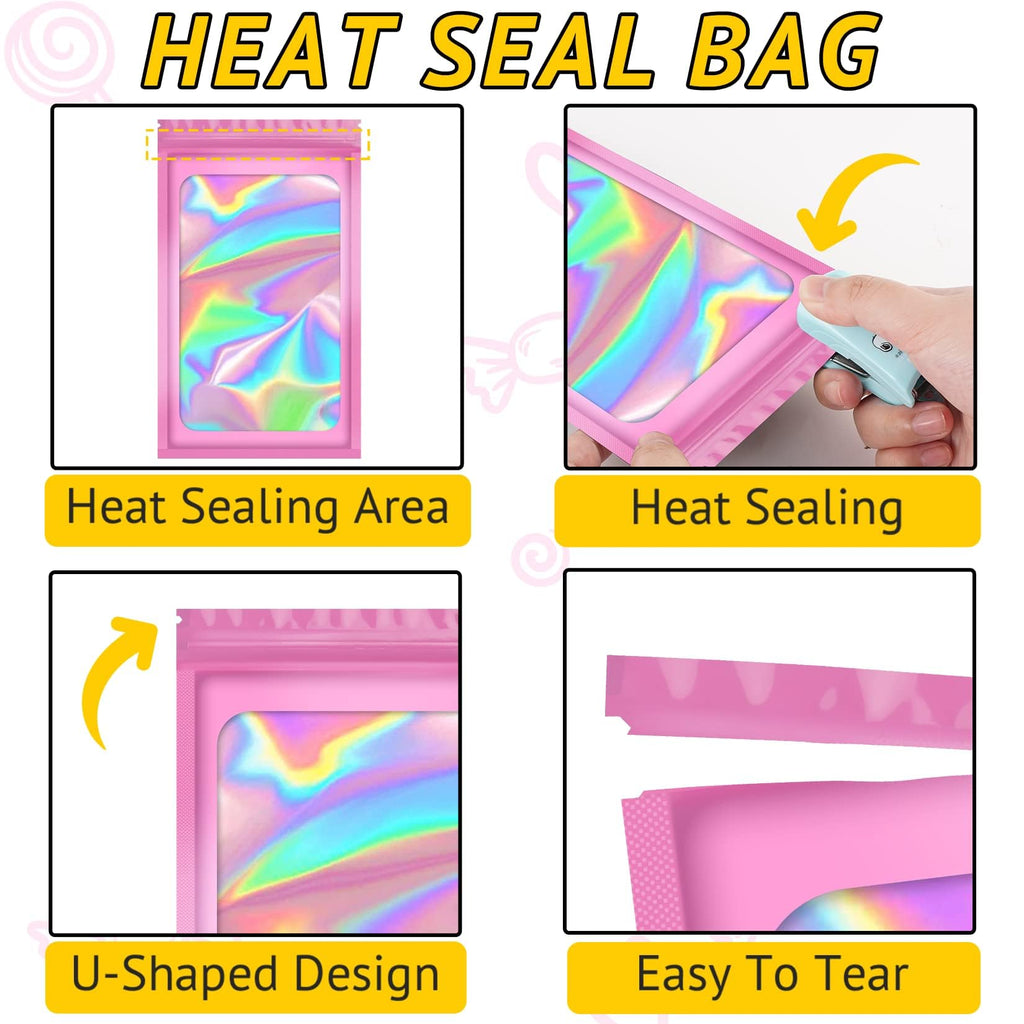 TIFICAL 100PCS Resealable Holographic Bags, Jewelry Bags|Pink,2.9x4.7in