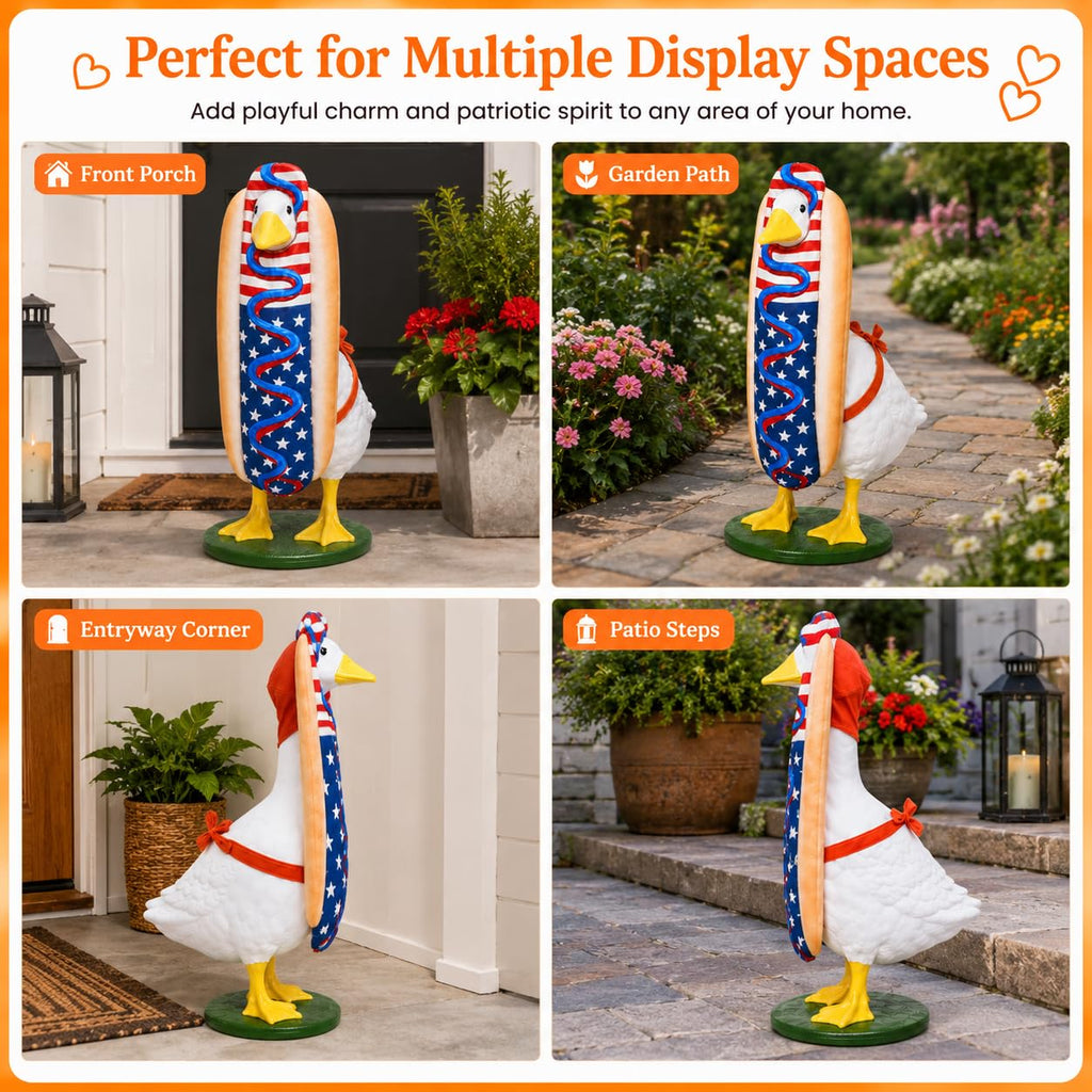 4th of July Porch Goose Outfit for 23" H 250th Anniversary Hot Dog Patriotic Goose Clothes American Flag Fits Independence Day Large Cement Statue Outdoor Patio Garden Yard Lawn Costume Decor