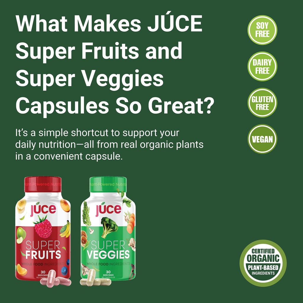 Juce Original Formula - Organic Super Fruit & Veggies Supplement - Gluten/Gelatin Free, Soy Free & Vegan- Reds & Greens Superfood Capsules- 23 Fruits & 23 Vegetables (180 Count)- By Terra Kai Organics