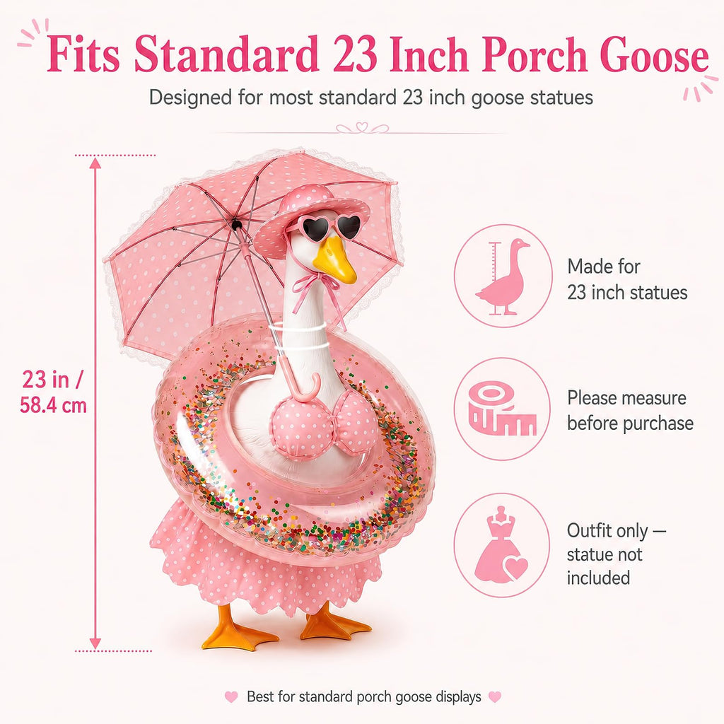 DaGailen Summer Porch Goose Outfits 23 Inch, Pink Polka Dot Porch Goose Bikini Set with Parasol Umbrella, Swim Ring, Sun Hat and Heart Sunglasses, Porch Goose Accessories for Yard Garden Patio Decor