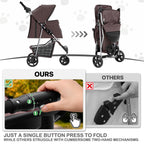 MoNiBloom Foldable Dog Strollers for Small Dogs with Weather Cover, 3 Wheels Pet Strolling Cart for Dogs and Cats with Storage Basket and Cup Holder, Breathable and Visible Mesh for All-Season, Coffee