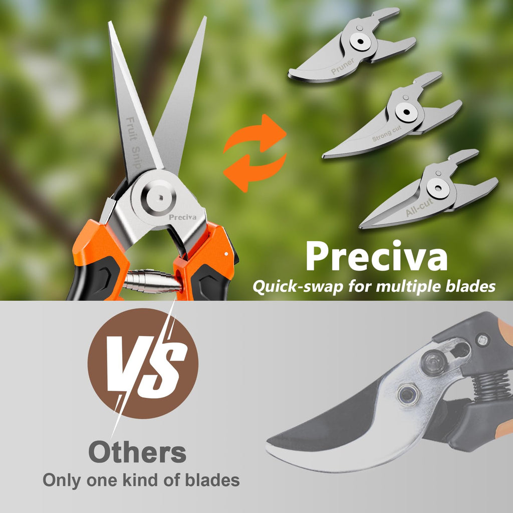 Preciva 4-in-1 Garden Pruning Shears, Gardening Shears with 4 Size Sharp High Carbon Martensitic Stainless Steel Blade, Rustproof, Wear-resistant, Removable, Multi-functional Gardening Tool