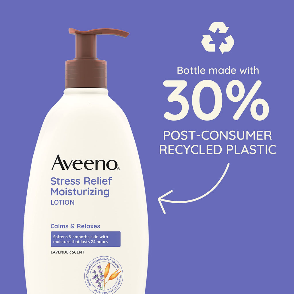 Aveeno Stress Relief Moisturizing Body Lotion with Prebiotic Oat & Lavender Scent for Sensitive Skin, Calms & Relaxes with 48 Hour Hydration, Fast Absorbing & Non-Greasy, 33 fl. oz