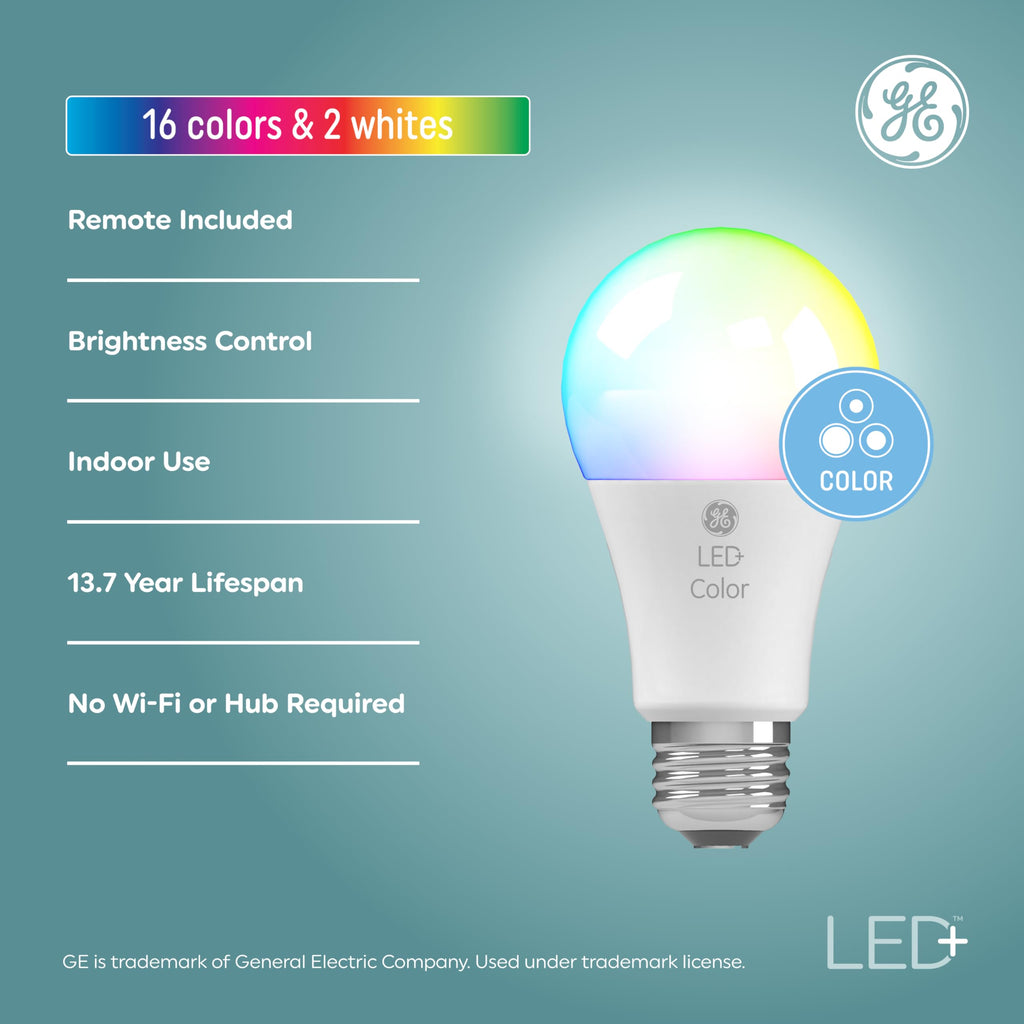 GE LED+ Color Changing LED Light Bulbs with Remote, No App or Wi-Fi Required, A19 Bulbs (3 Pack)