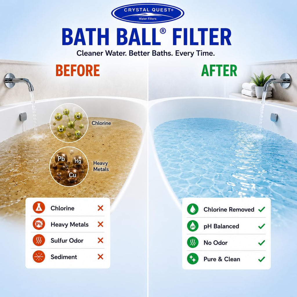 Crystal Quest Bath Ball Filter for Tub Faucet, Bathtub Water Filter, BPA-Free Bathtub Filter, Removes Chlorine, Lead & Impurities, Improves Skin, Hair & Nails, Long Lasting, Fits Most Tubs - Blue