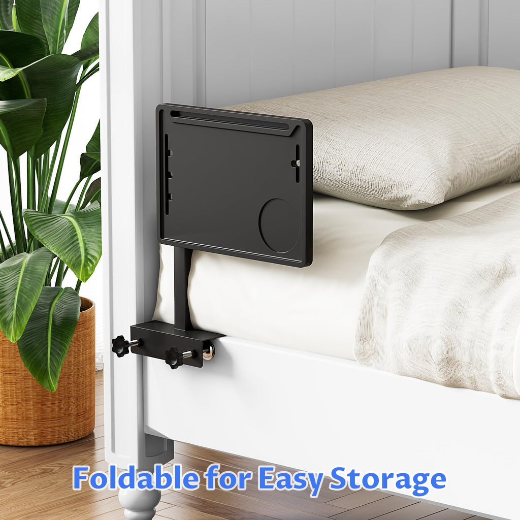NiHome Height-Adjustable Bedside Shelf with Rotating Foldable Tray for Dorms, Apartments, Small Bedrooms, Fits Bed Frames 0.7"-2.7" Wide, Holds 15" Laptops, Phones, Snacks, Books, Alarm Clocks (Black)